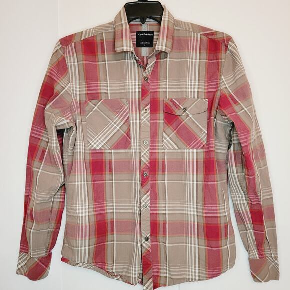 Calvin Klein jeans mens red and tan western plaid long sleeved button up shirt - Picture 1 of 5